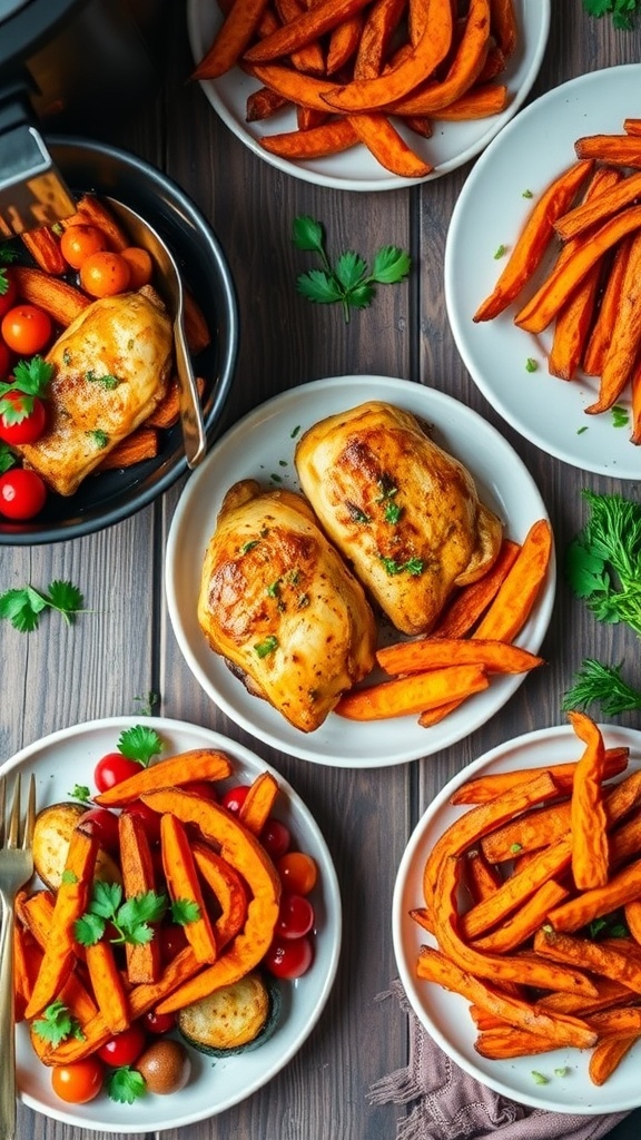 Healthy air fryer meals: chicken breast, roasted vegetables, and sweet potato fries on a wooden table.